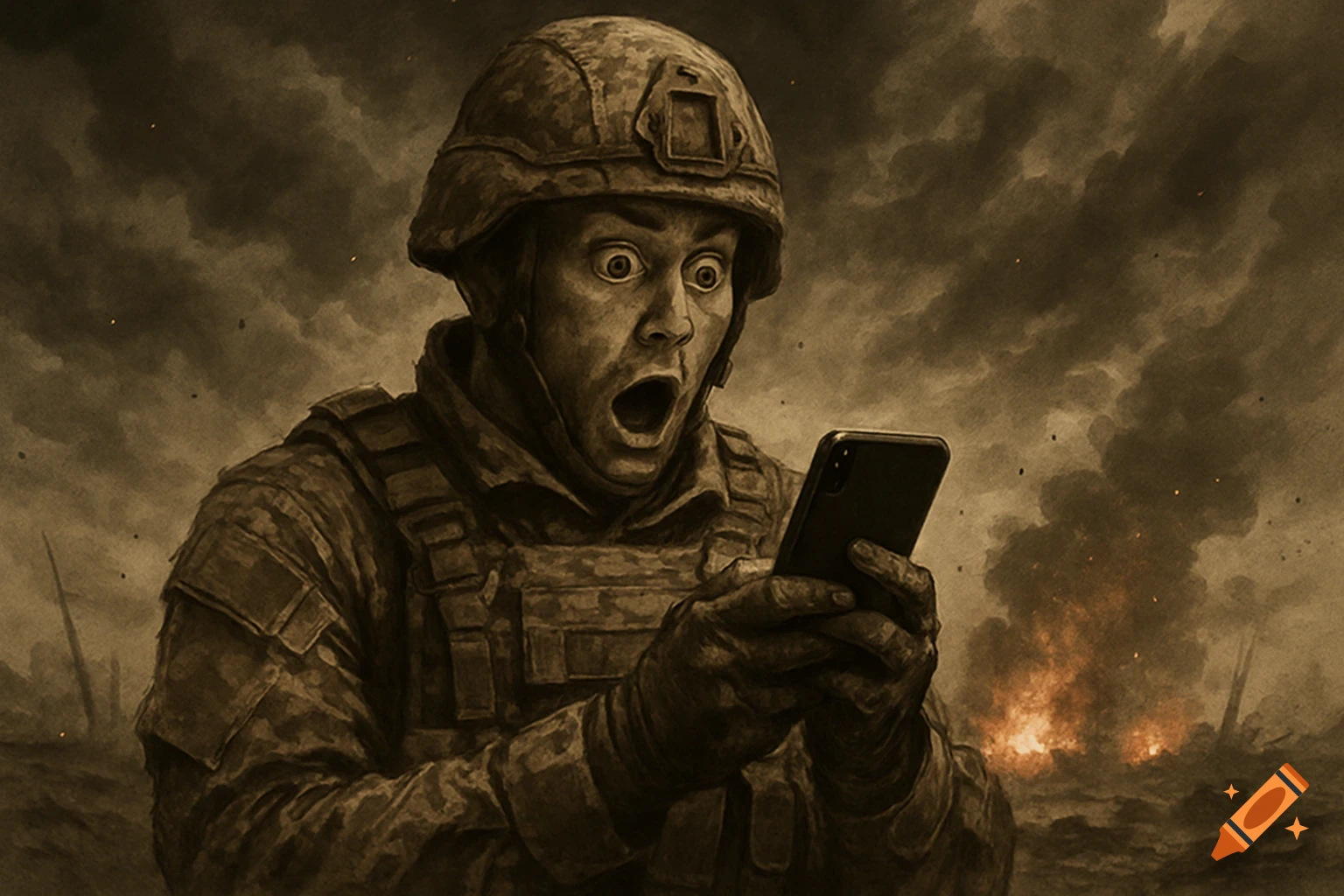A sepia-toned digital painting depicts a soldier in a helmet and camouflage uniform looking shocked at a phone, with a battle scene in the smoky background.