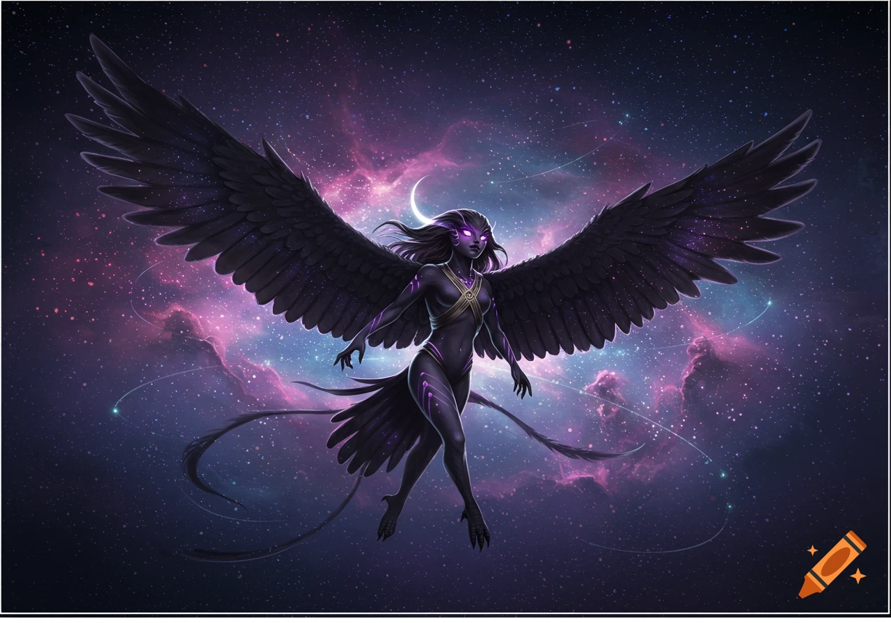 A winged fantasy character with black feathers, purple glowing markings, and eyes floats in a vibrant purple and blue galaxy with a crescent moon.