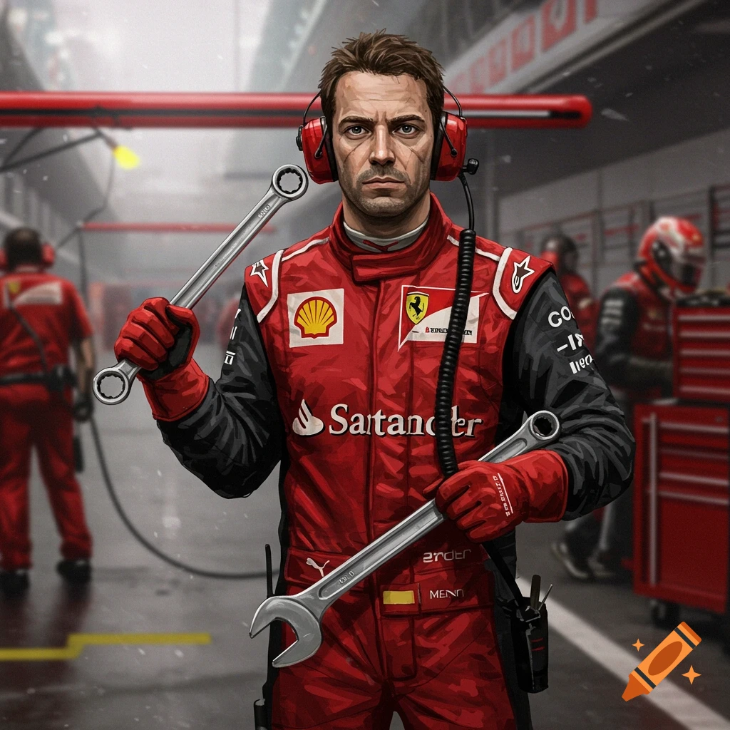 A determined Formula One mechanic in a red and black suit and headphones holds two large wrenches in a pit lane.