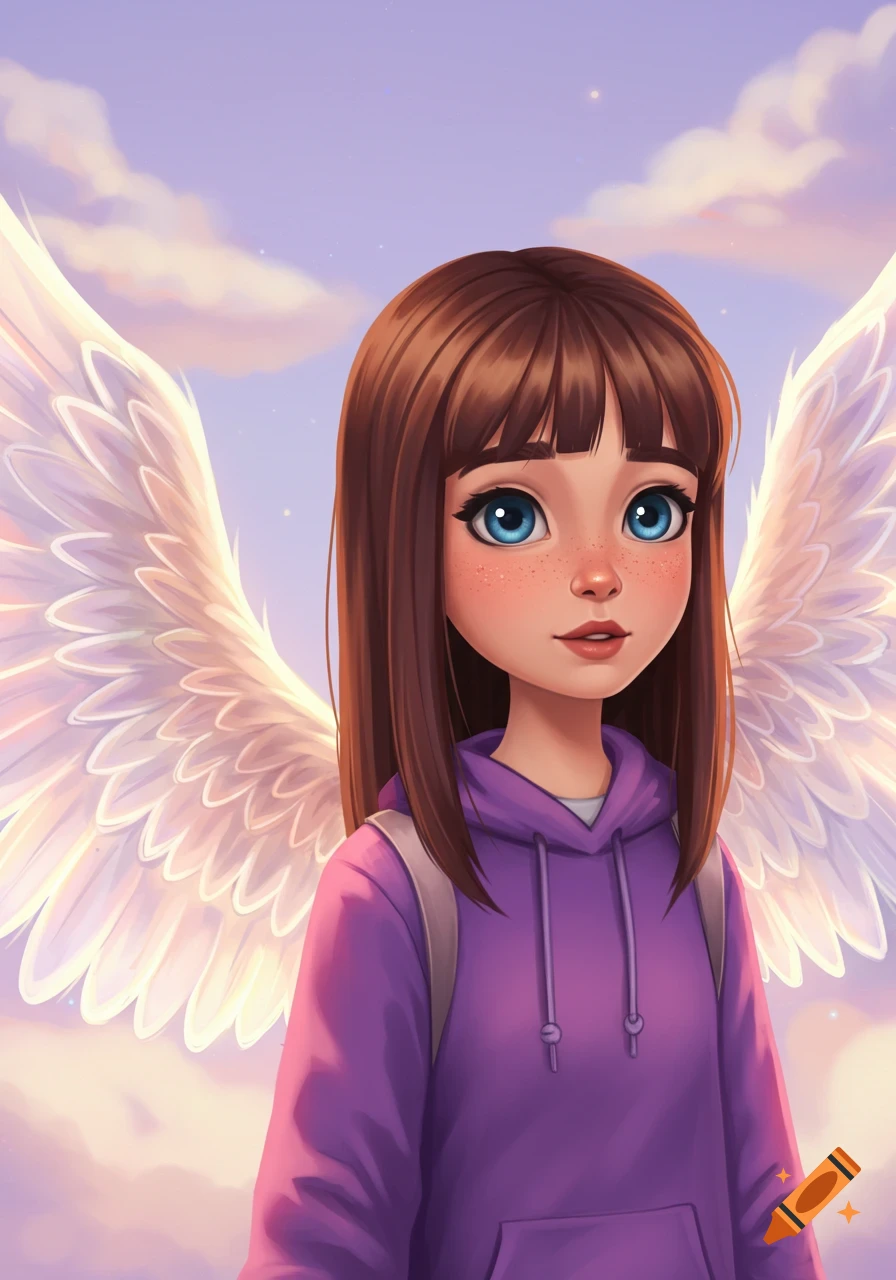 Cartoon girl with brown hair, blue eyes, freckles, wearing a purple hoodie and angel wings, against a cloudy sky.