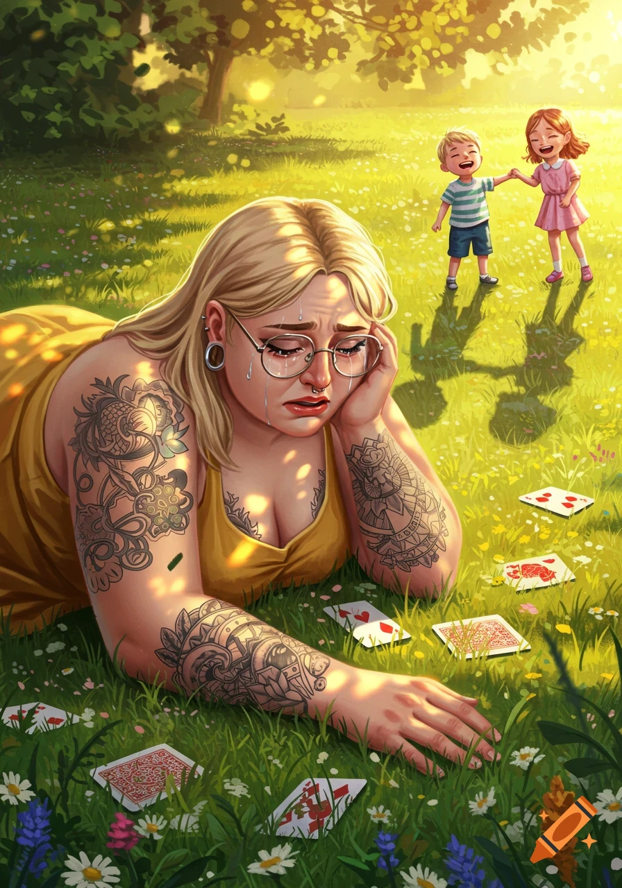 An illustrated blonde woman with tattoos and glasses lies sobbing in a sunny grassy field as two children laugh in the background.
