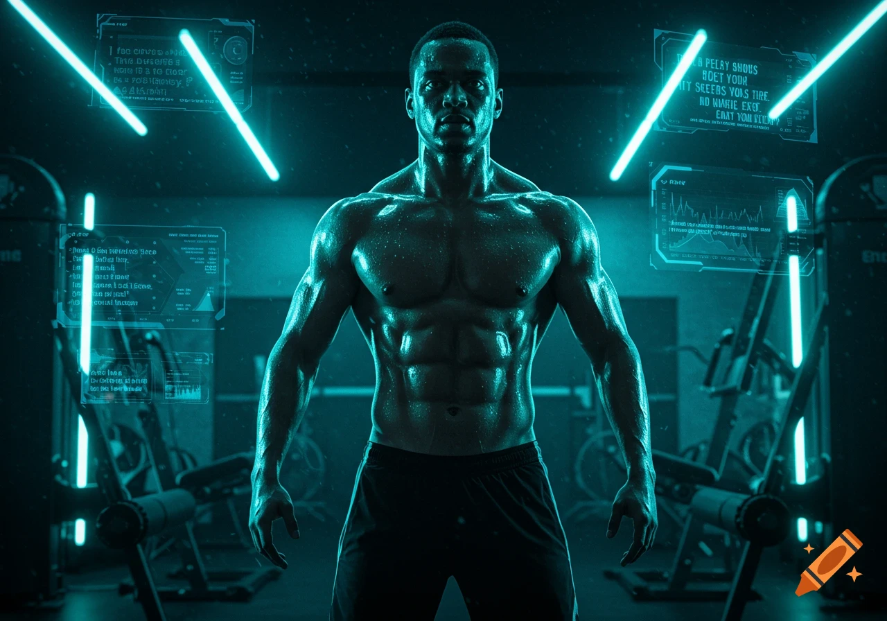 A muscular, sweaty man stands shirtless in a dark, futuristic gym with glowing neon lights and holographic screens.