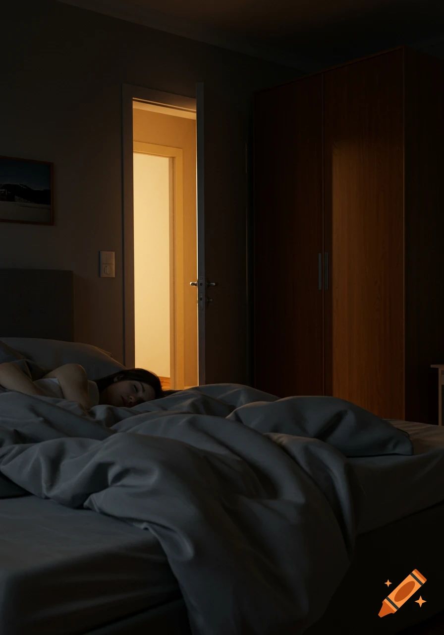 A woman sleeps in a dimly lit bedroom, covered by a grey duvet. A door is slightly ajar, casting a warm glow from the adjacent room. A dark wooden wardrobe stands to the right.