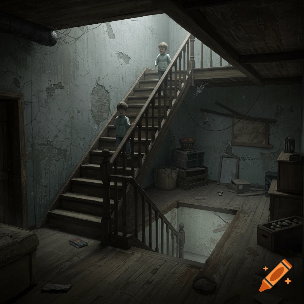 Two young children stand on a dark, rickety wooden staircase in a dilapidated, shadowy old house or basement.