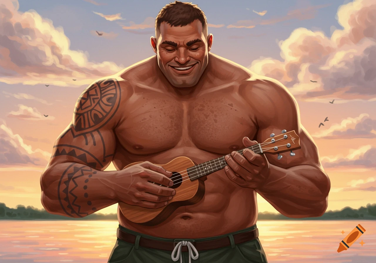 A smiling, muscular man with arm tattoos plays a ukulele by the water at sunset in a stylized illustration.
