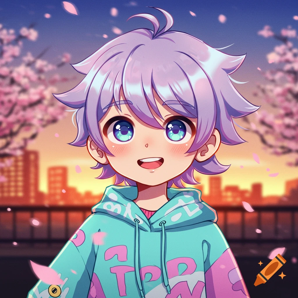 Anime boy with purple hair in a turquoise hoodie, smiling under falling cherry blossoms at sunset.