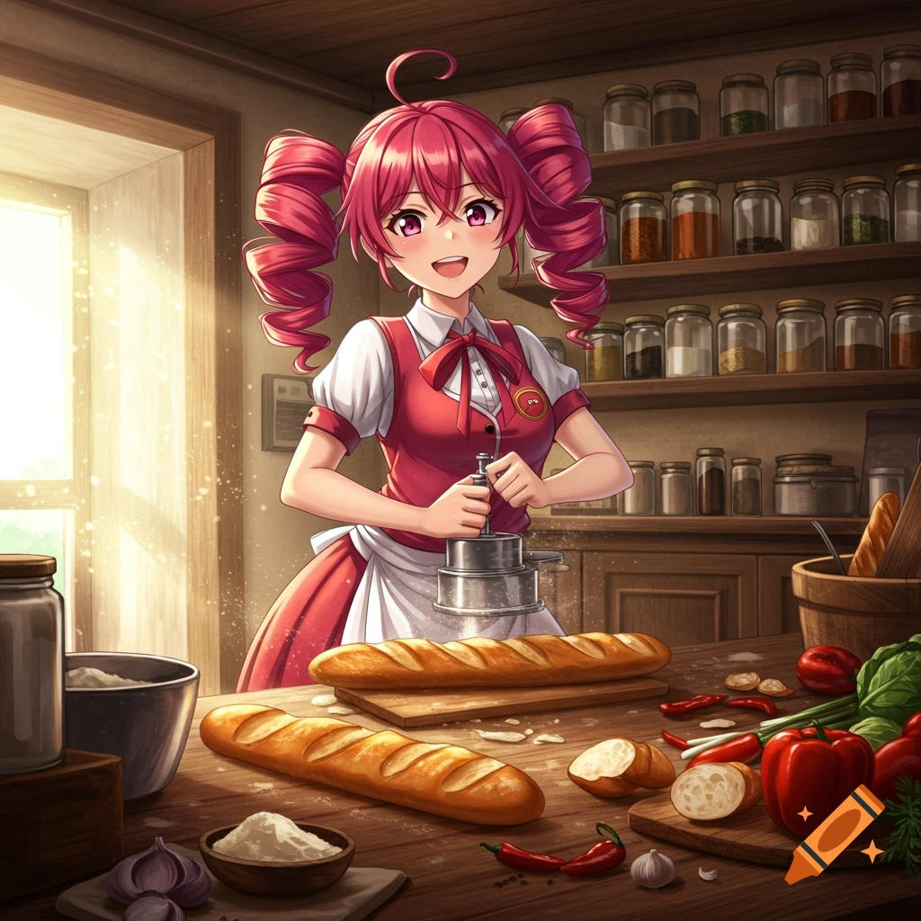 An anime girl with pink pigtails and a red dress grinds ingredients in a rustic kitchen filled with baguettes and vegetables.