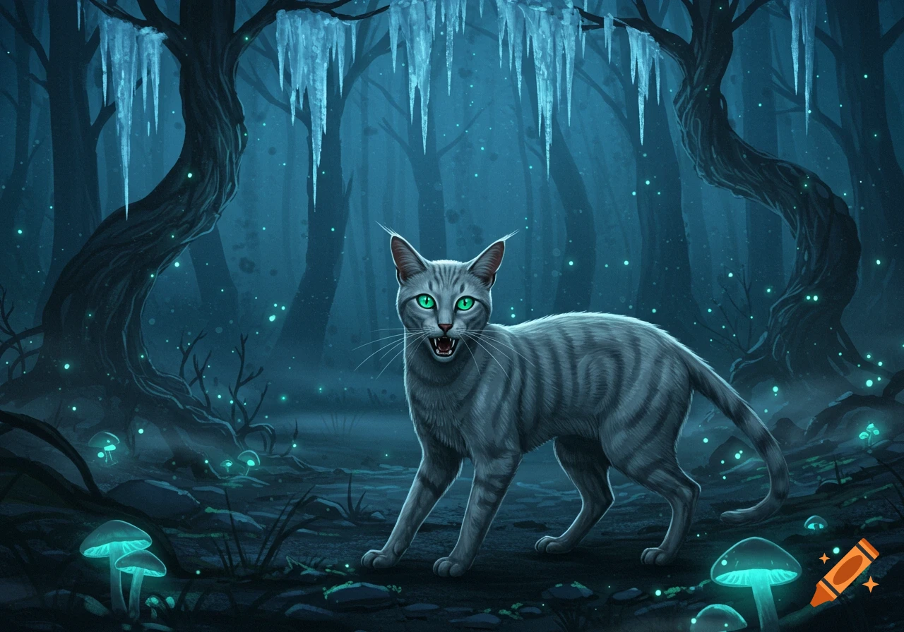 A grey tabby cat with glowing green eyes and fangs stands in a dark, icy fantasy forest with glowing blue mushrooms.
