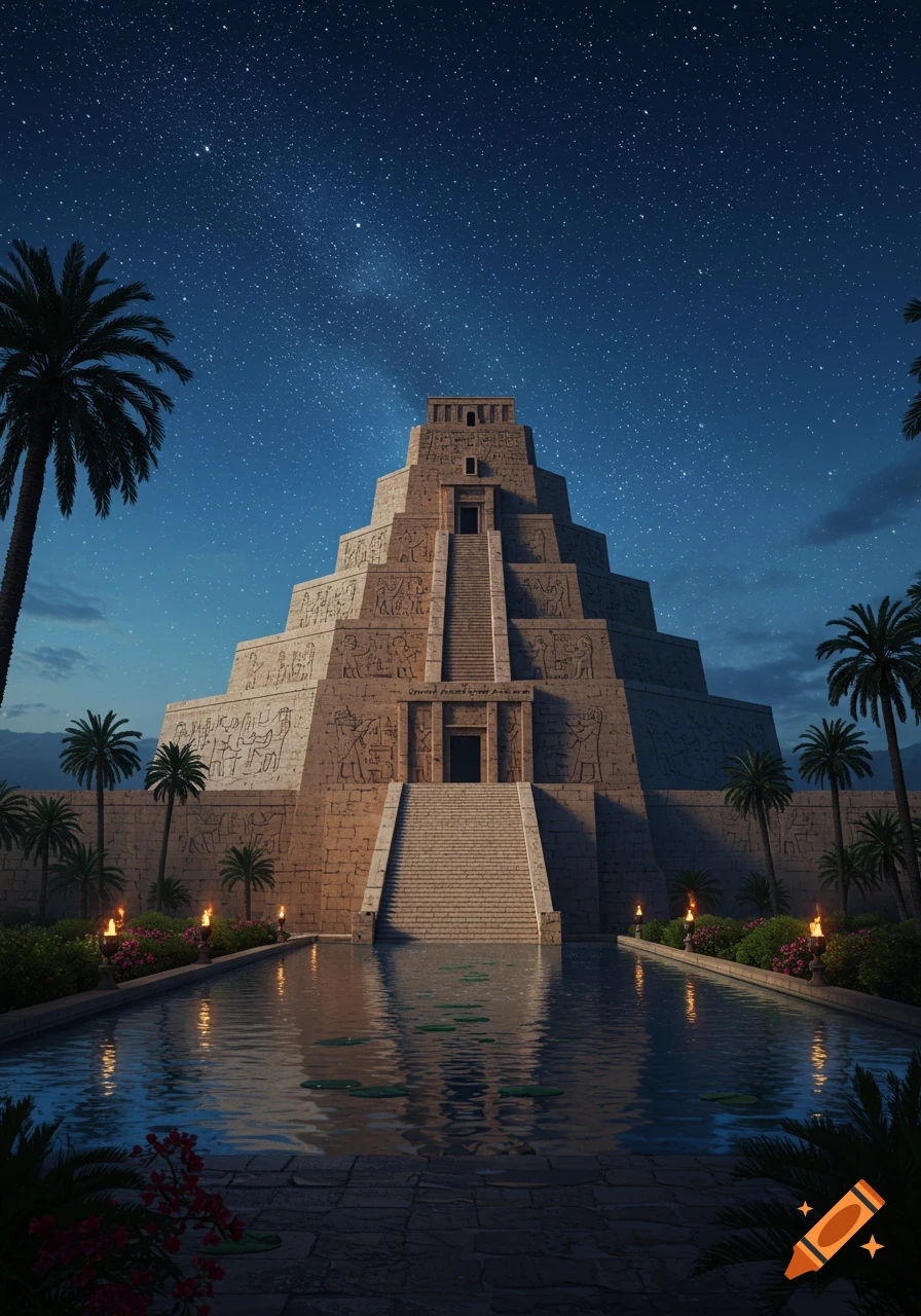 A majestic ancient ziggurat with intricate carvings stands under a vivid starlit night sky, reflected in a still lake flanked by palm trees and torchlight.