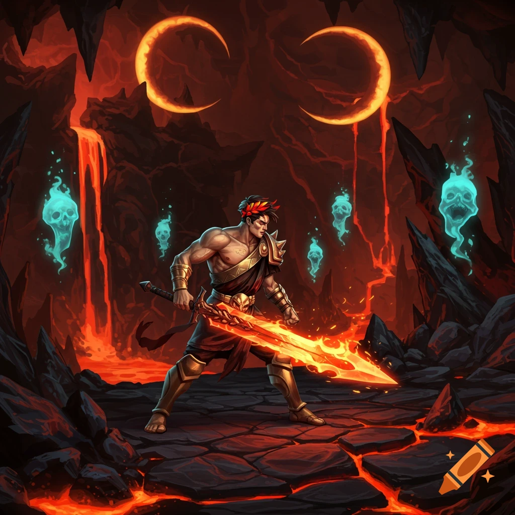 A muscular man with a flaming sword stands in a lava-filled underworld with floating blue skulls and crescent moons.