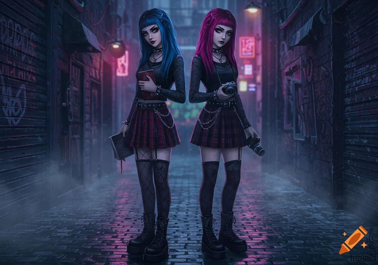 Two emo girls, one with blue hair holding books and one with pink hair holding a camera, stand in a dark, neon-lit urban alley.