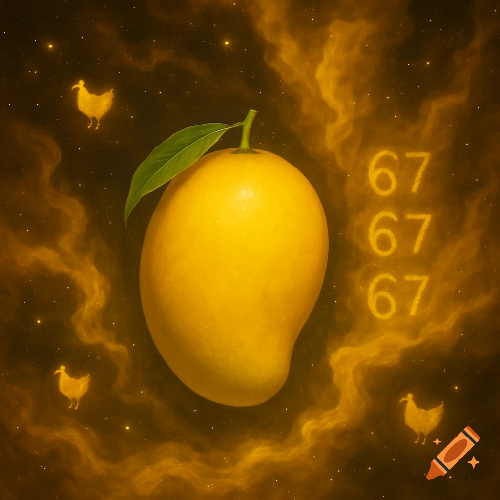 A large yellow mango with a green leaf floats in a golden, starry sky with glowing chicken silhouettes and the numbers 67 67 67.