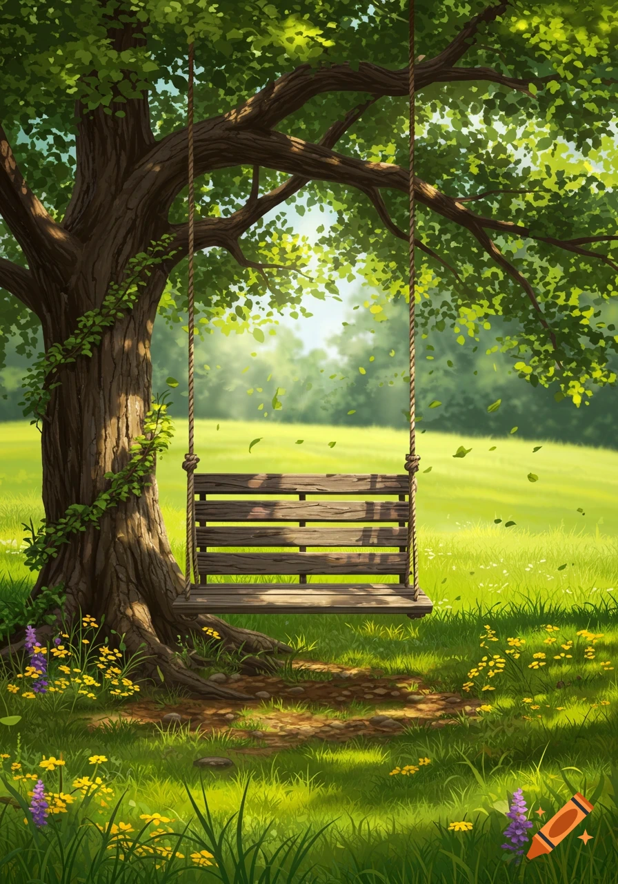A wooden swing hangs from a large, leafy tree in a vibrant, sunny green meadow with wildflowers, in an illustrated style.