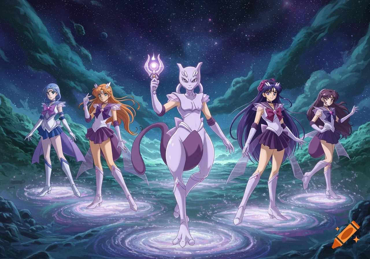Five anime Sailor Guardians with Mewtwo features stand on glowing swirls against a starry, cosmic background.