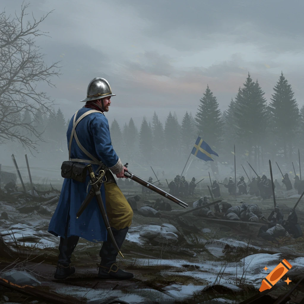 A Swedish soldier in a blue coat and helmet stands on a misty, snowy battlefield, rifle in hand, overlooking a battle with a Swedish flag in the background.