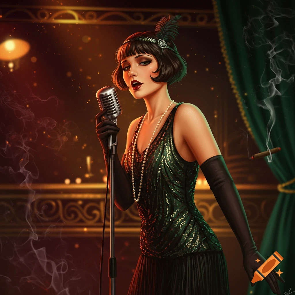 A glamorous 1920s cabaret singer in a sparkling green dress and long gloves sings into a vintage microphone on a dimly lit stage.