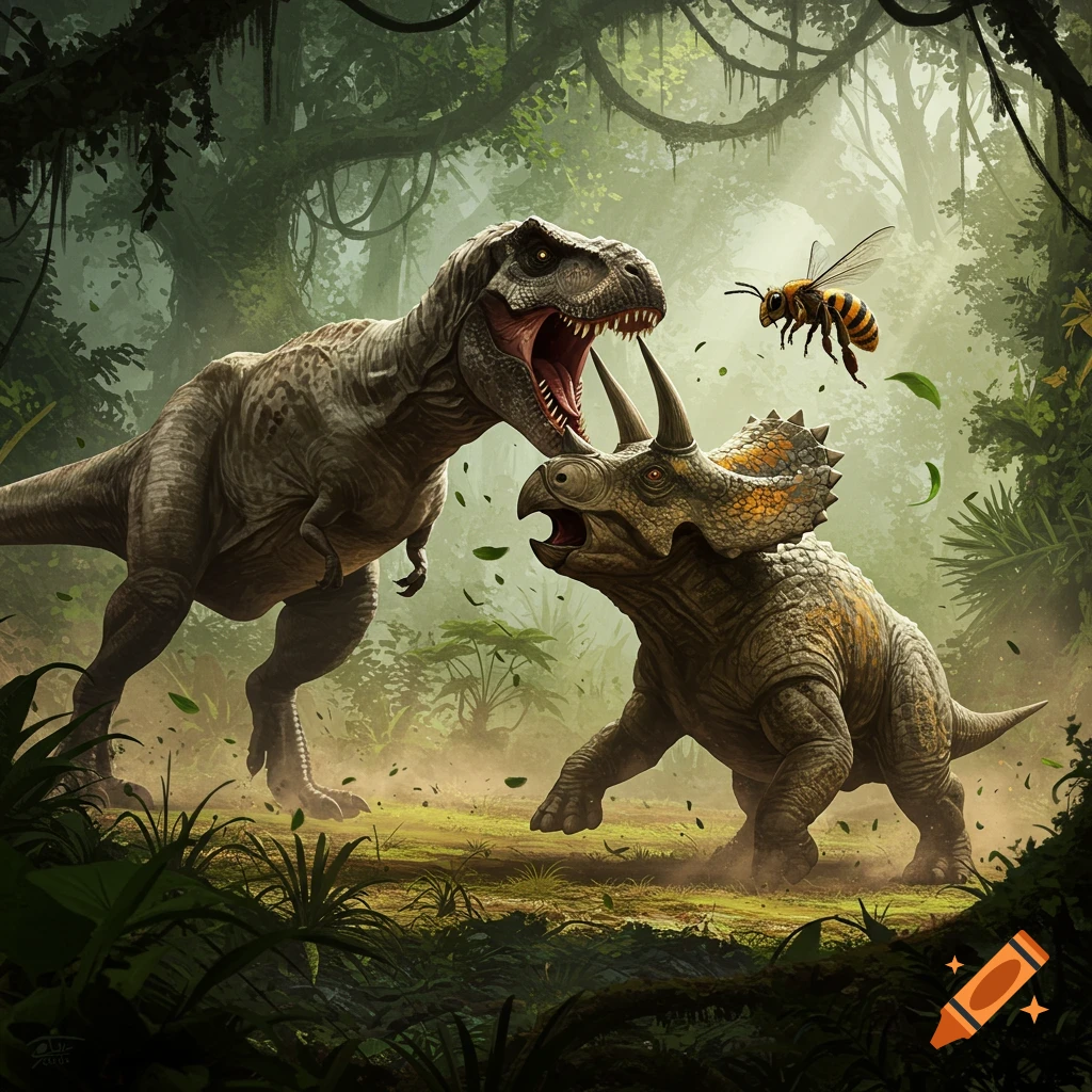 A ferocious T-Rex and Triceratops roar at each other in a dense jungle, as a giant bee hovers between them.