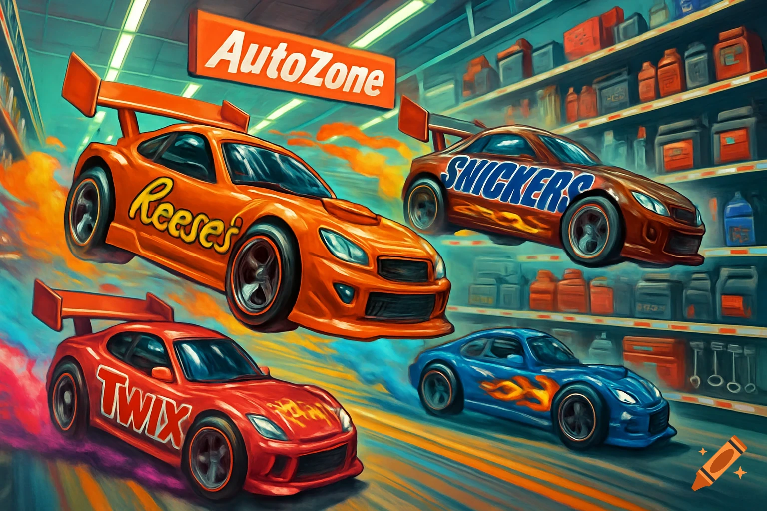 Stylized racing cars with candy bar brands like Reese's, Snickers, and Twix zoom through an AutoZone store.