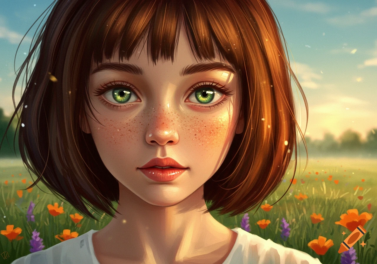 Close-up illustration of a girl with short brown hair, freckles, and green eyes in a sunlit field of flowers.
