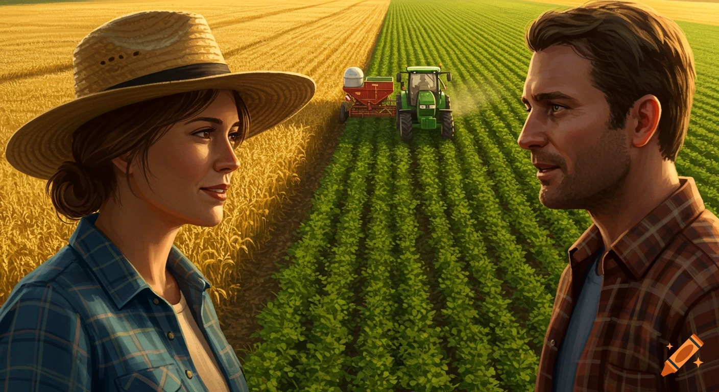 A man and woman stand in a field, with golden crops on the left and green crops on the right, and a tractor in the distance.