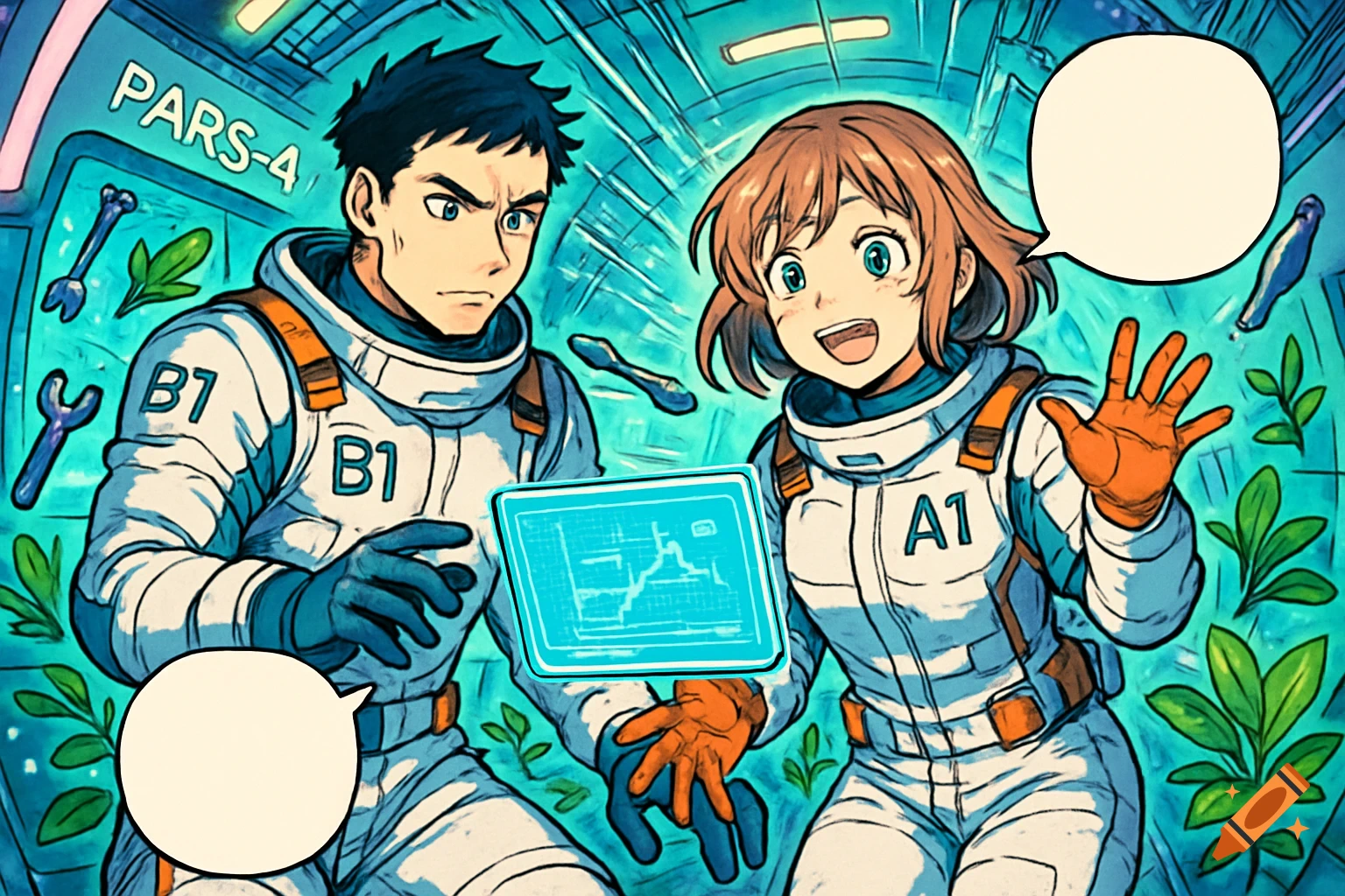 Manga-style astronauts, a serious male and cheerful female, in a futuristic space habitat with floating plants and tools. They are looking at a glowing holographic monitor, with empty speech bubbles above them.