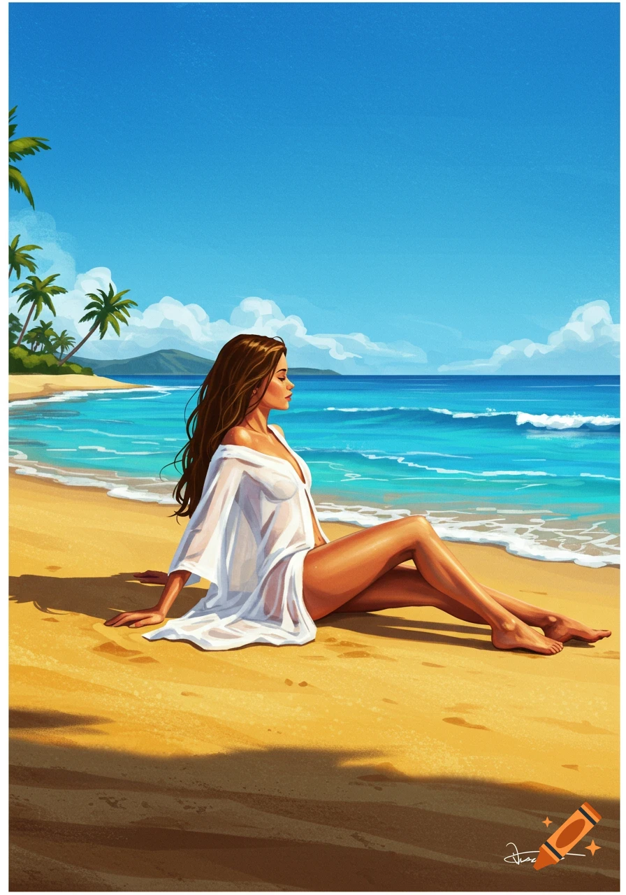 A woman with long brown hair in a sheer white shirt sits on a sunny beach with palm trees and blue ocean, in an illustrative style.