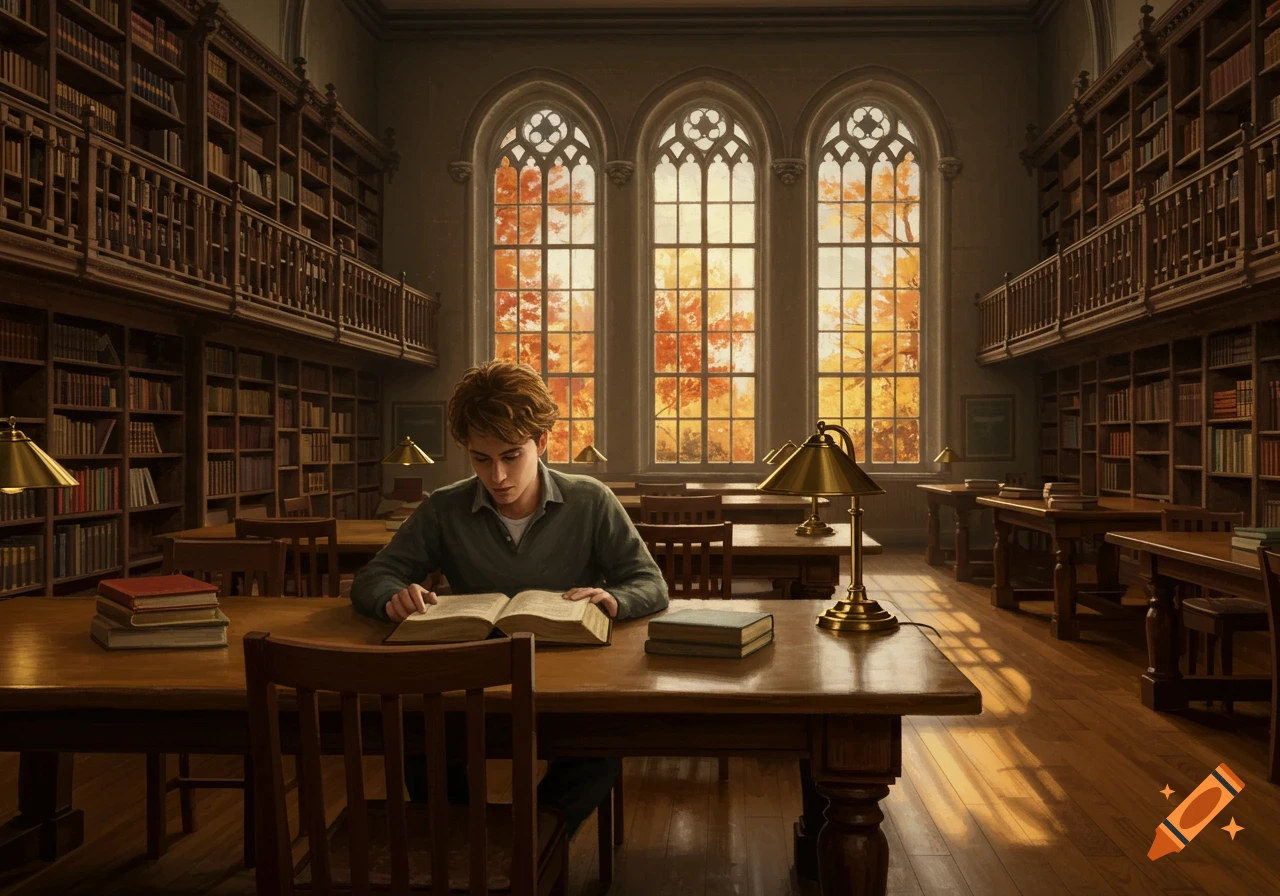 A photorealistic image of a student reading a book at a wooden desk in a grand library with large arched windows showing autumn trees outside.