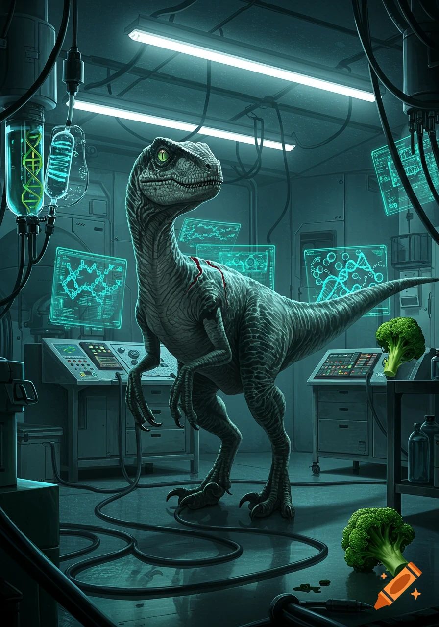 A photorealistic velociraptor in a glowing teal sci-fi lab with DNA displays and two heads of broccoli.