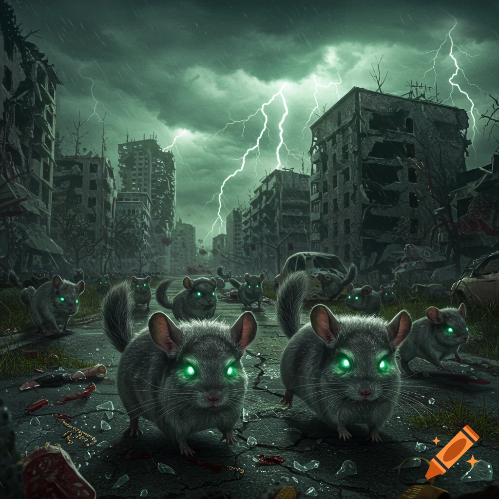 Chinchillas with glowing green eyes roam through a destroyed, apocalyptic city under a stormy, lightning-filled sky.