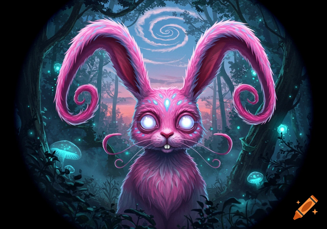 A pink, glowing-eyed, freaky bunny with long, curly ears in a dark, magical forest with glowing mushrooms and fireflies. Fantasy art style.