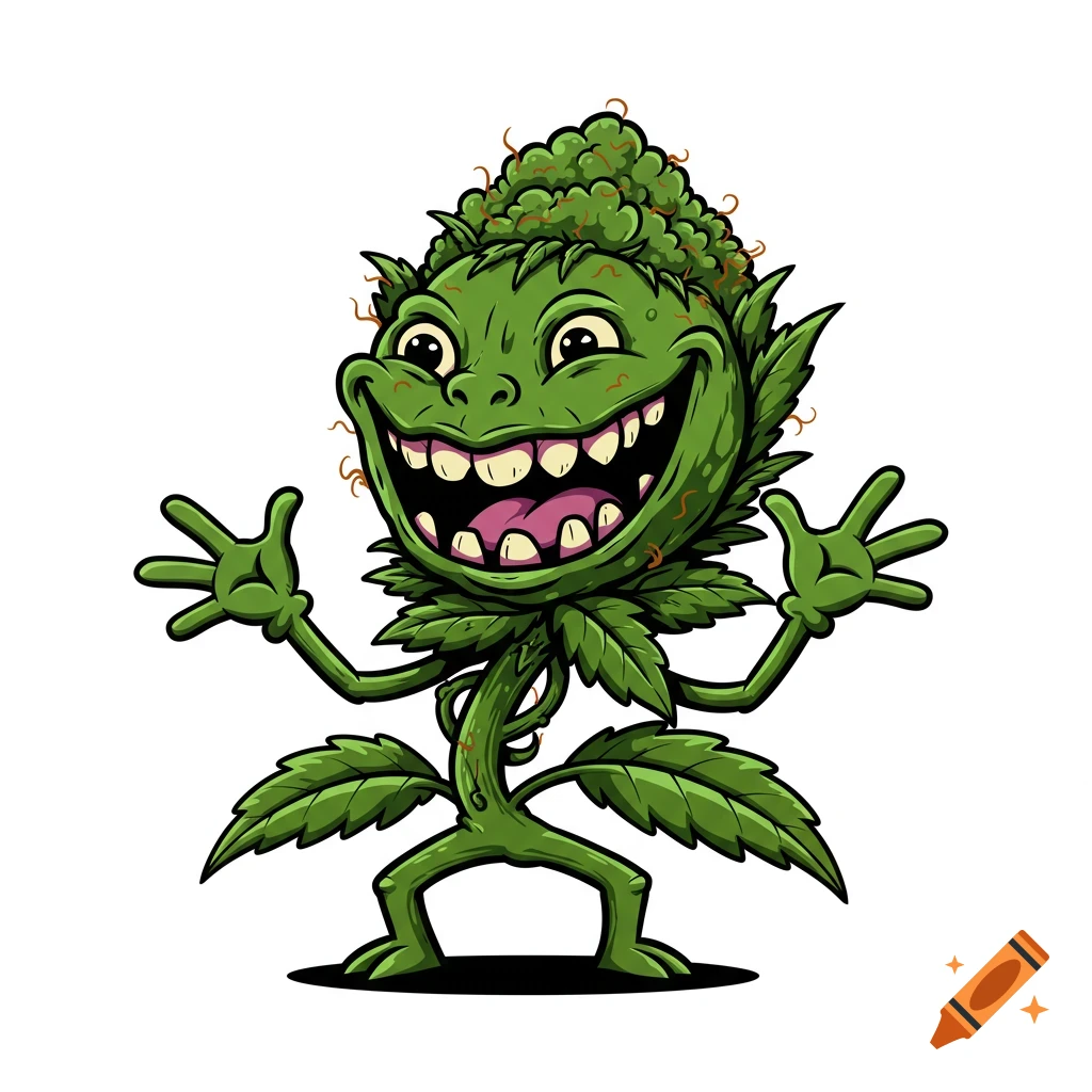 A cartoon cannabis plant character with a big, playful smile, green leaves, and buds, in a comic-book vector style.