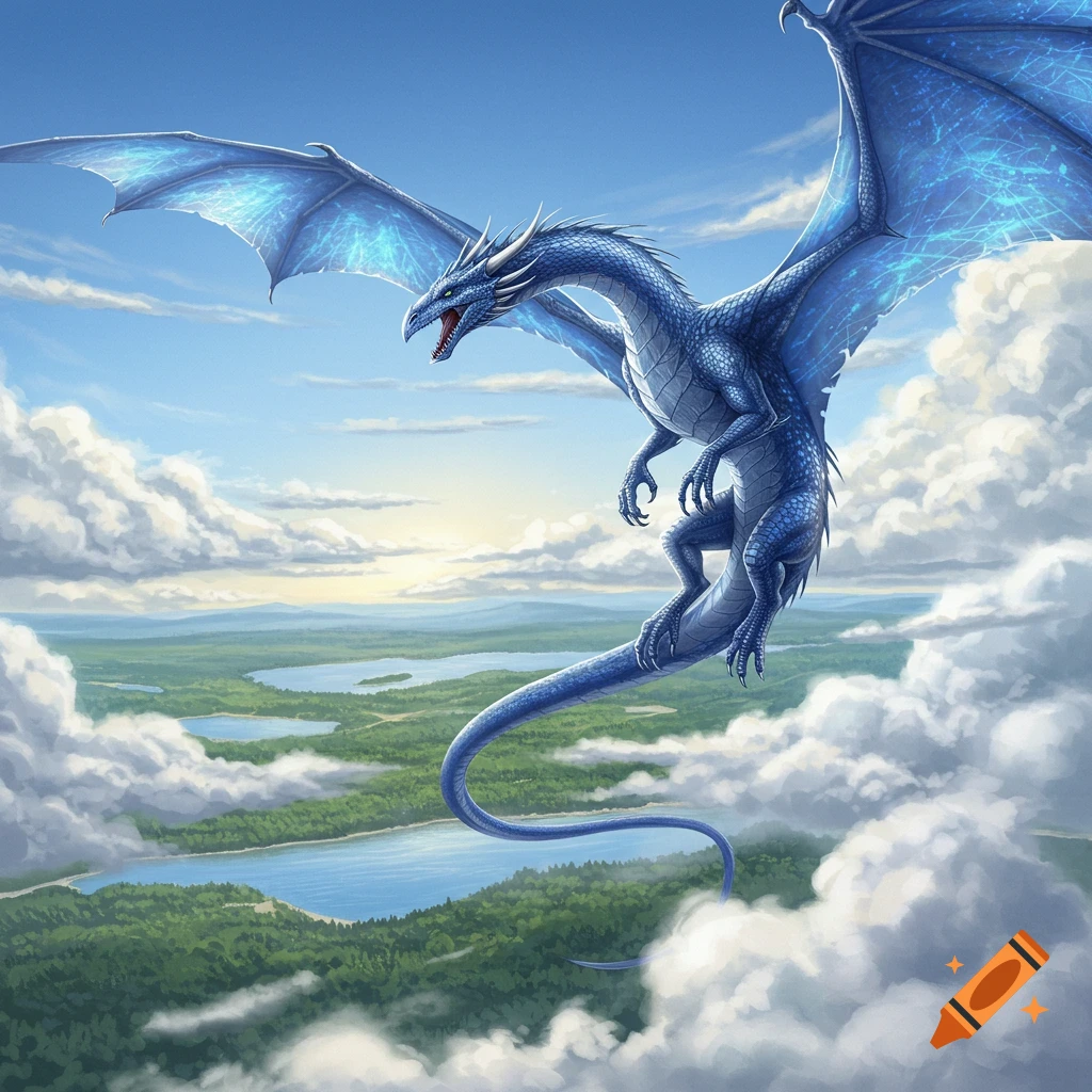 A majestic blue dragon with glowing wings soars high above a lush green landscape with lakes and clouds under a bright sky, digital art.