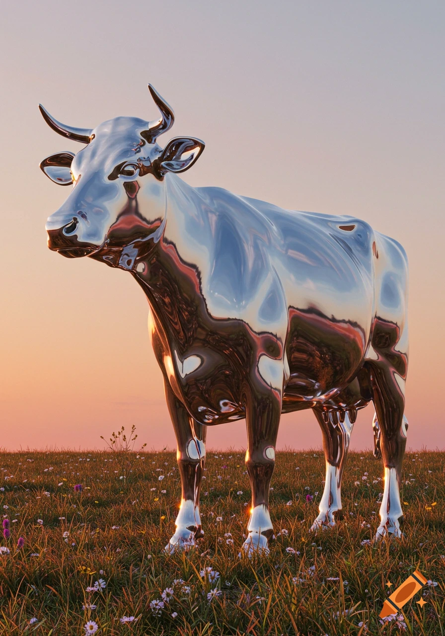 A chrome cow stands in a field of wildflowers at sunset.