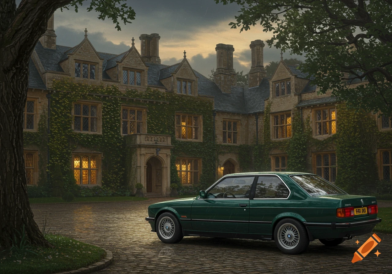 A dark green BMW car is parked on a cobblestone driveway in front of a large, ivy-covered British estate under a cloudy sky, painted photorealistically.