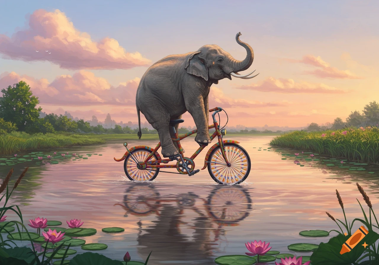 A whimsical elephant rides a colorful bicycle through a river, surrounded by lily pads and lotus flowers under a vibrant sunset sky.
