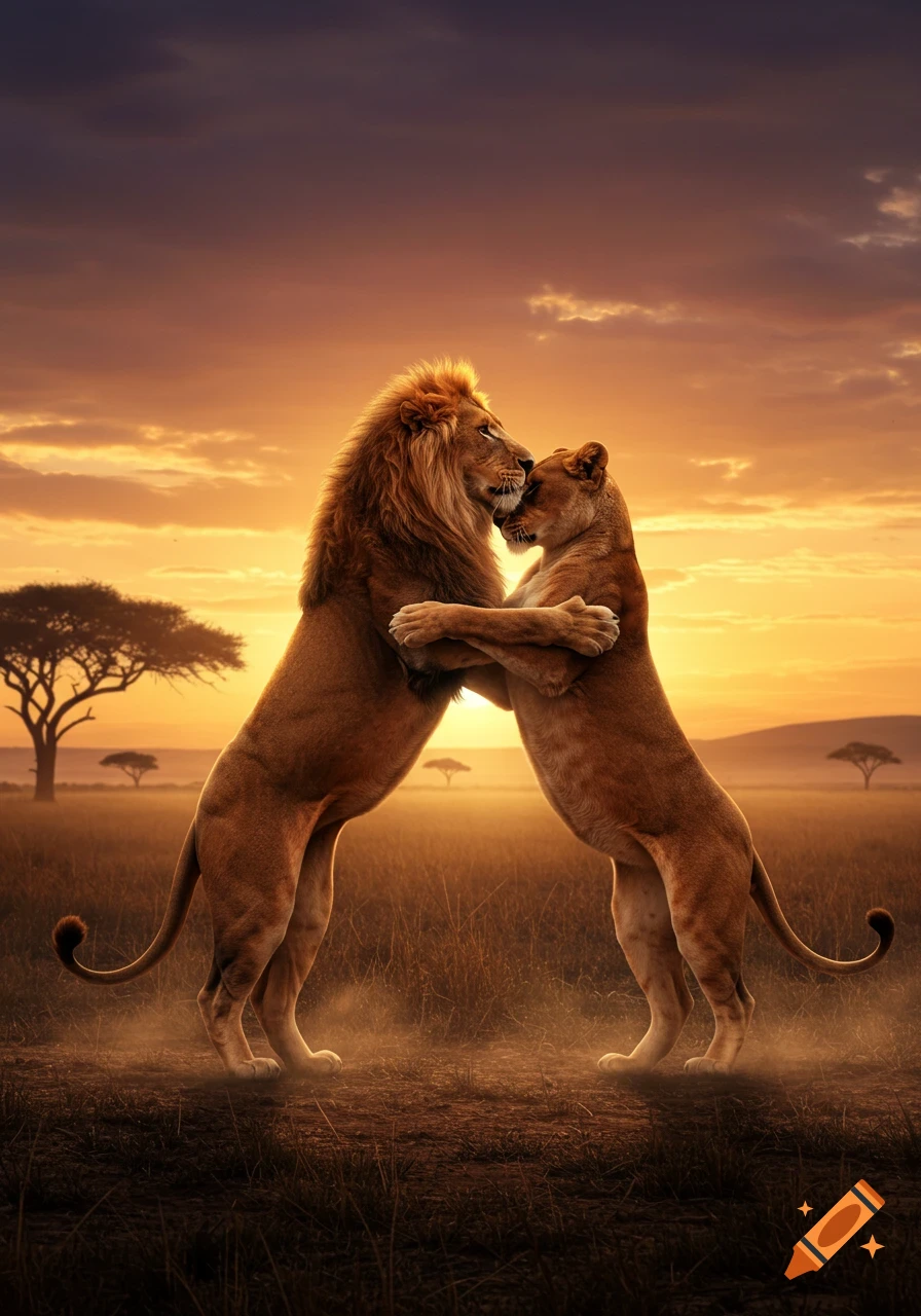A photorealistic image of a male and female lion embracing while standing on their hind legs in a golden savanna at sunset.
