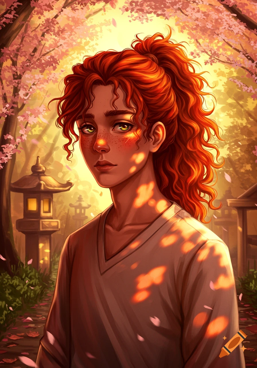 An anime character with red curly hair and freckles stands in a sunlit cherry blossom garden with stone lanterns.