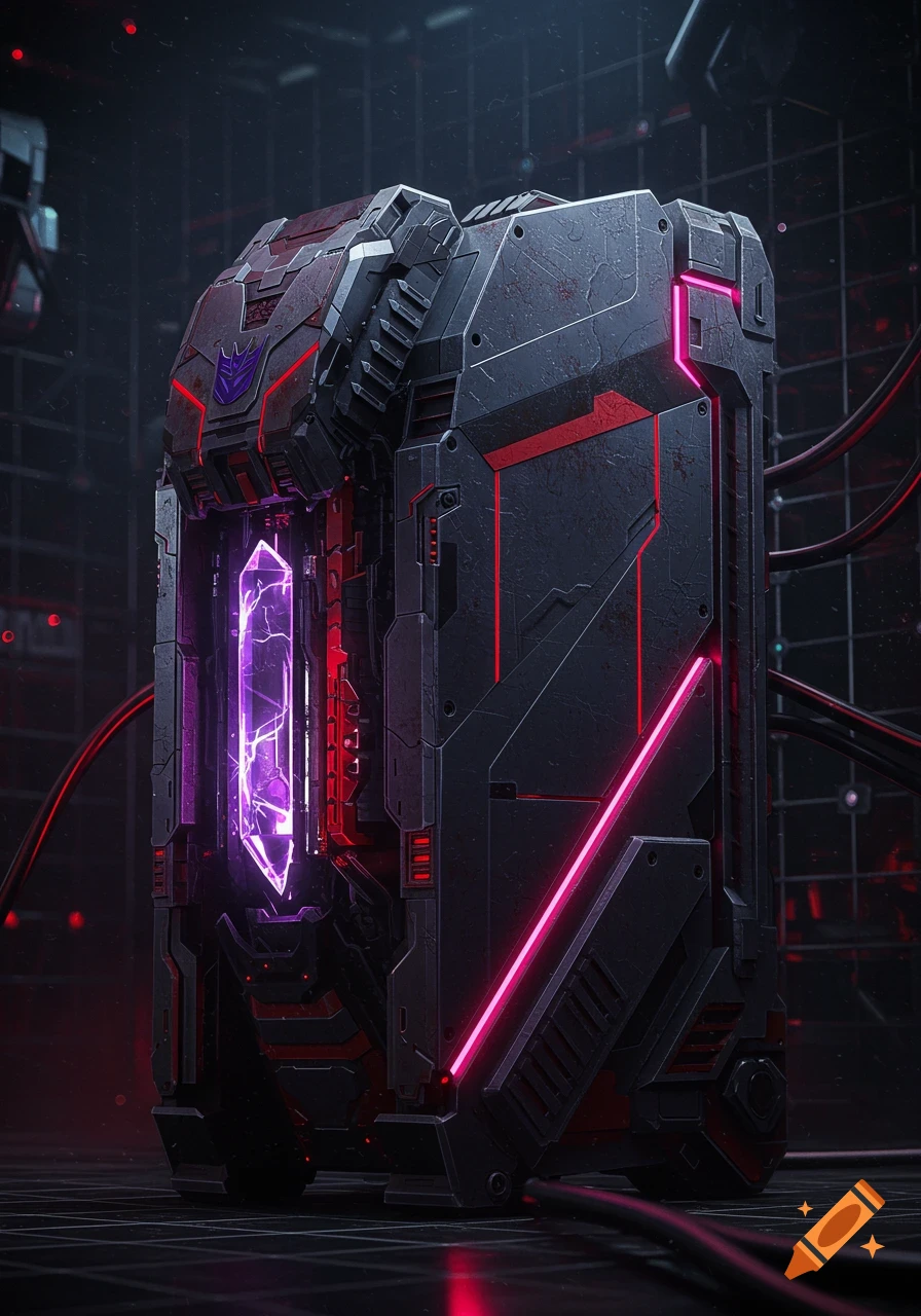 A futuristic, dark gray and red PC tower with glowing pink and purple accents, featuring a prominent Decepticon logo.