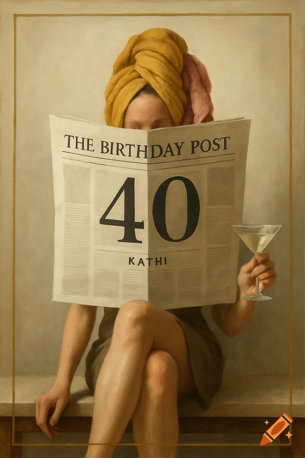 A person with a yellow towel on their head sitting on a bench, holding a martini glass, and reading a newspaper titled "The Birthday Post" with "40 KATHI" prominently displayed.