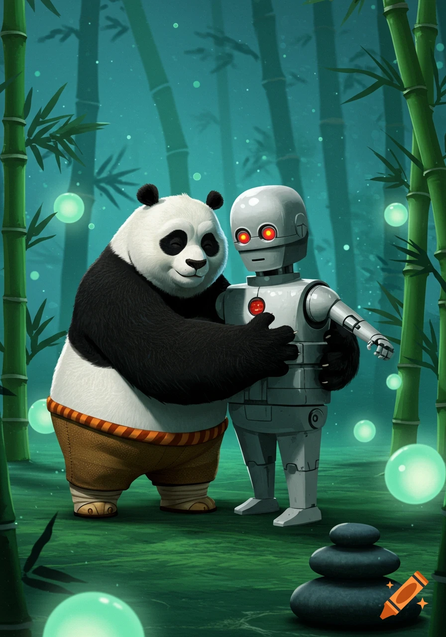 A cartoon panda with a happy expression hugs a silver robot in a magical bamboo forest at night, with glowing orbs and stacked stones.