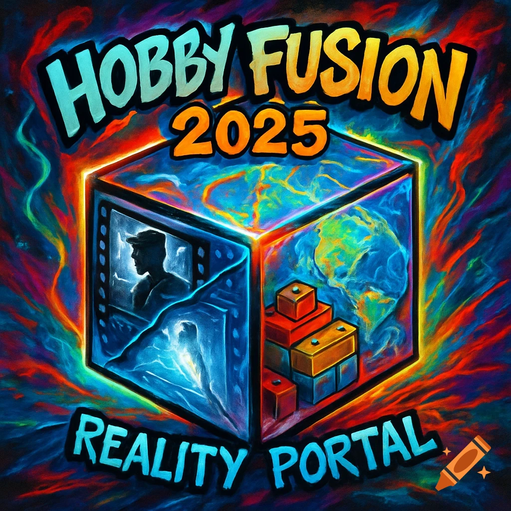 Vibrant, graffiti-style digital art. A glowing transparent cube titled "HOBBY FUSION 2025" and "REALITY PORTAL" displays a man, a world map, and red and yellow blocks, against a colorful, fiery background.