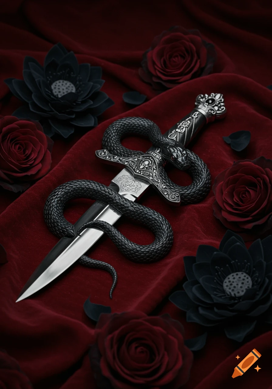A black snake coiled around an ornate silver dagger on red velvet fabric, surrounded by red roses and black lotuses.
