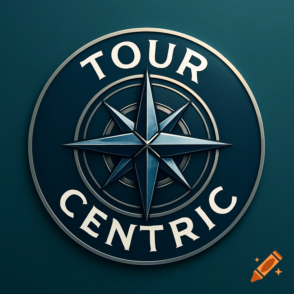 Blue and silver circular logo with a metallic compass rose and the text 'TOUR CENTRIC' around it.