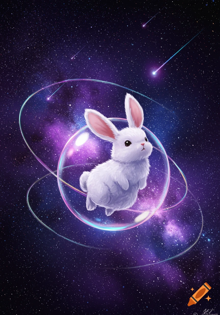 A fluffy white bunny floats inside a glowing bubble in a vibrant purple and blue galaxy with stars and shooting stars, digital art.