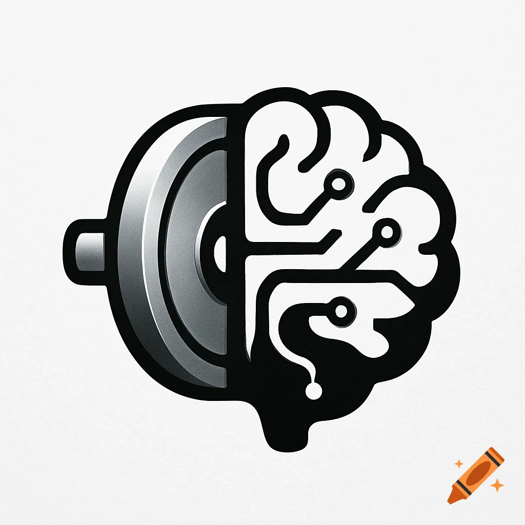 A stylized logo depicting a silver dumbbell weight plate merged with a black brain showing circuit lines.
