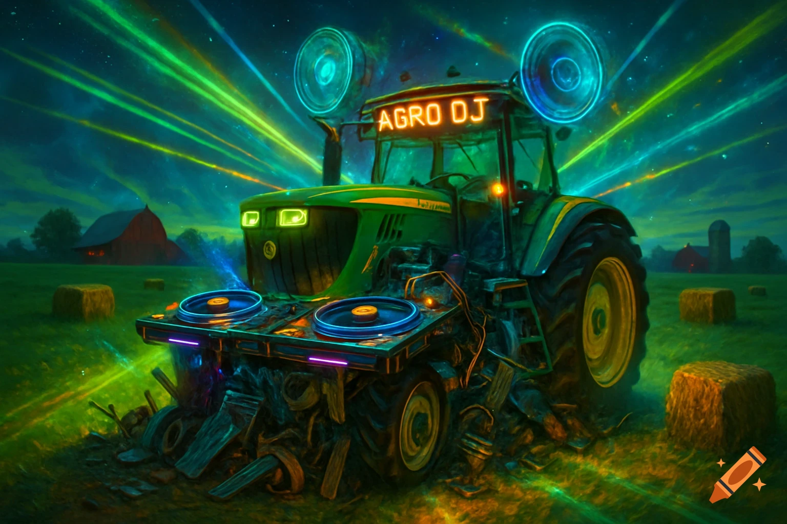 A neon-lit tractor with DJ equipment on top, featuring "AGRO DJ" text, beams laser light into a starry night sky over a field with hay bales and barns, in a vibrant, stylized aesthetic.