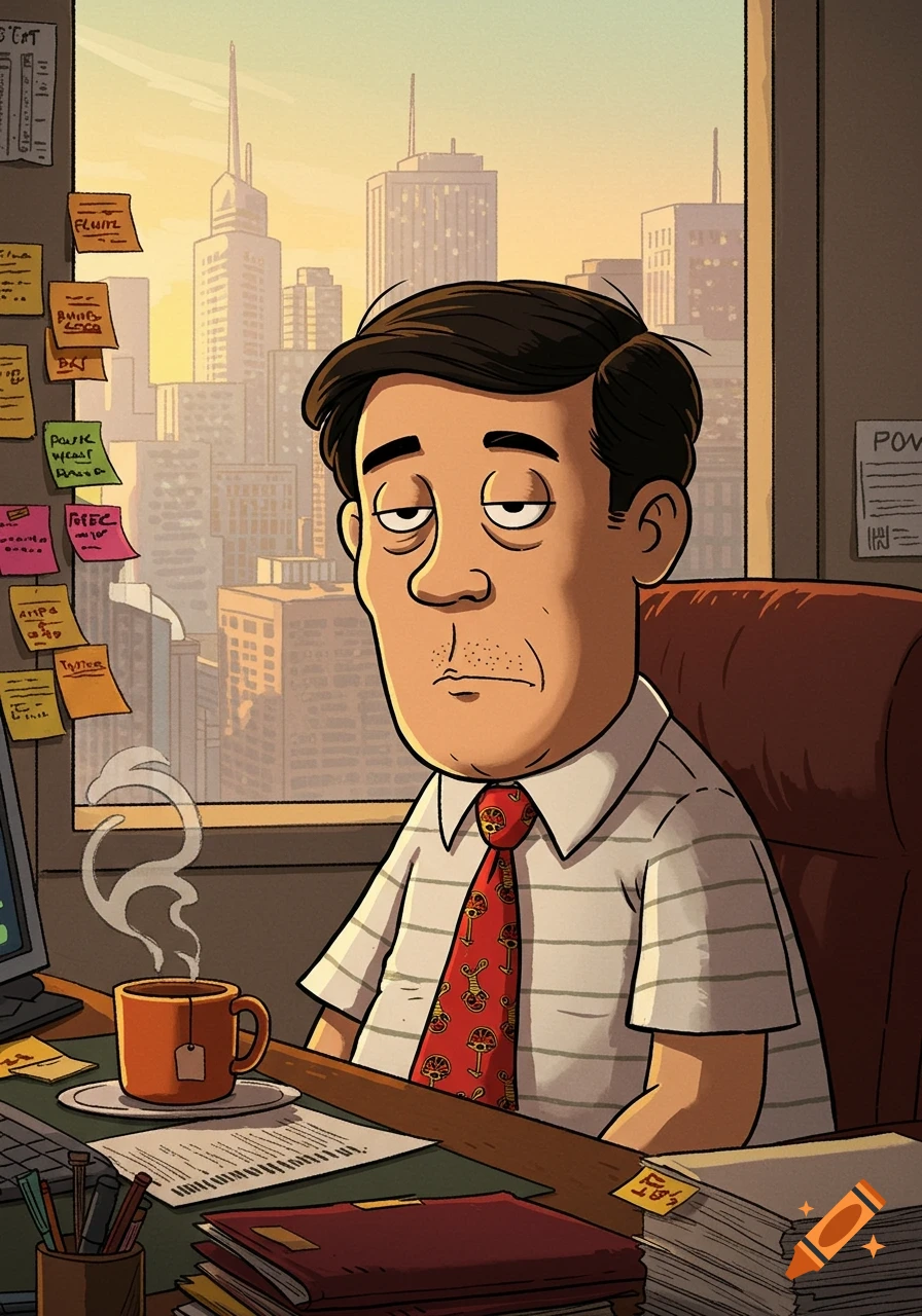 A cartoon of a tired man with heavy eyelids sitting at an office desk with a cityscape view, surrounded by sticky notes and paperwork.