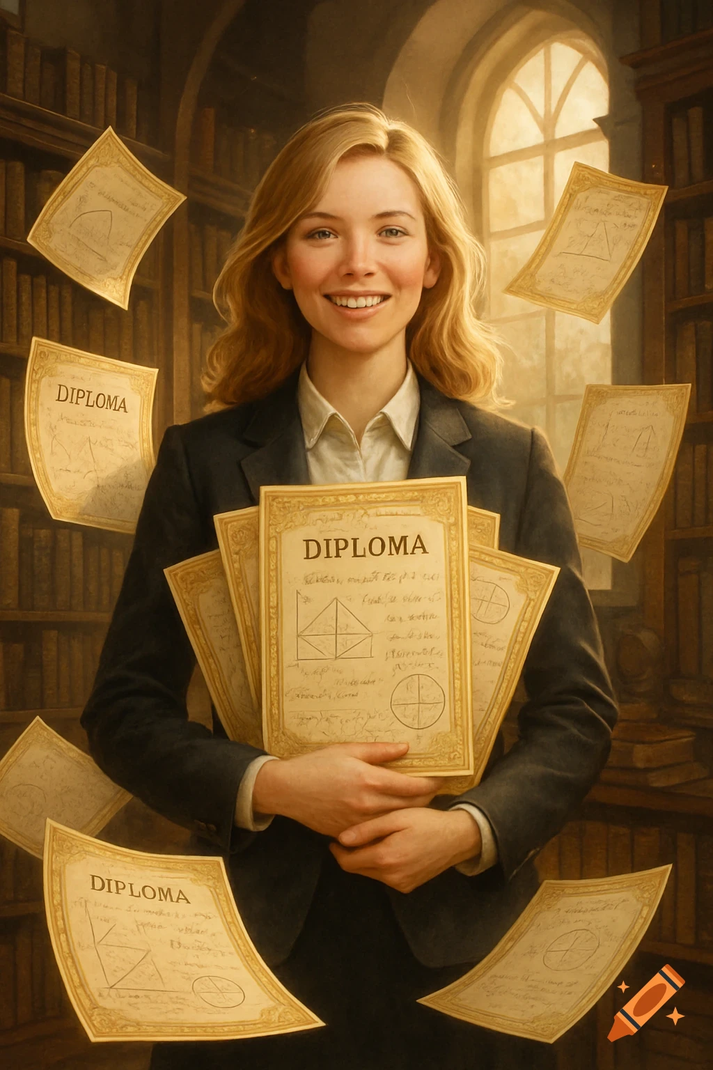 A smiling blonde woman in a suit holds several diplomas in a library setting, with more diplomas floating around her.