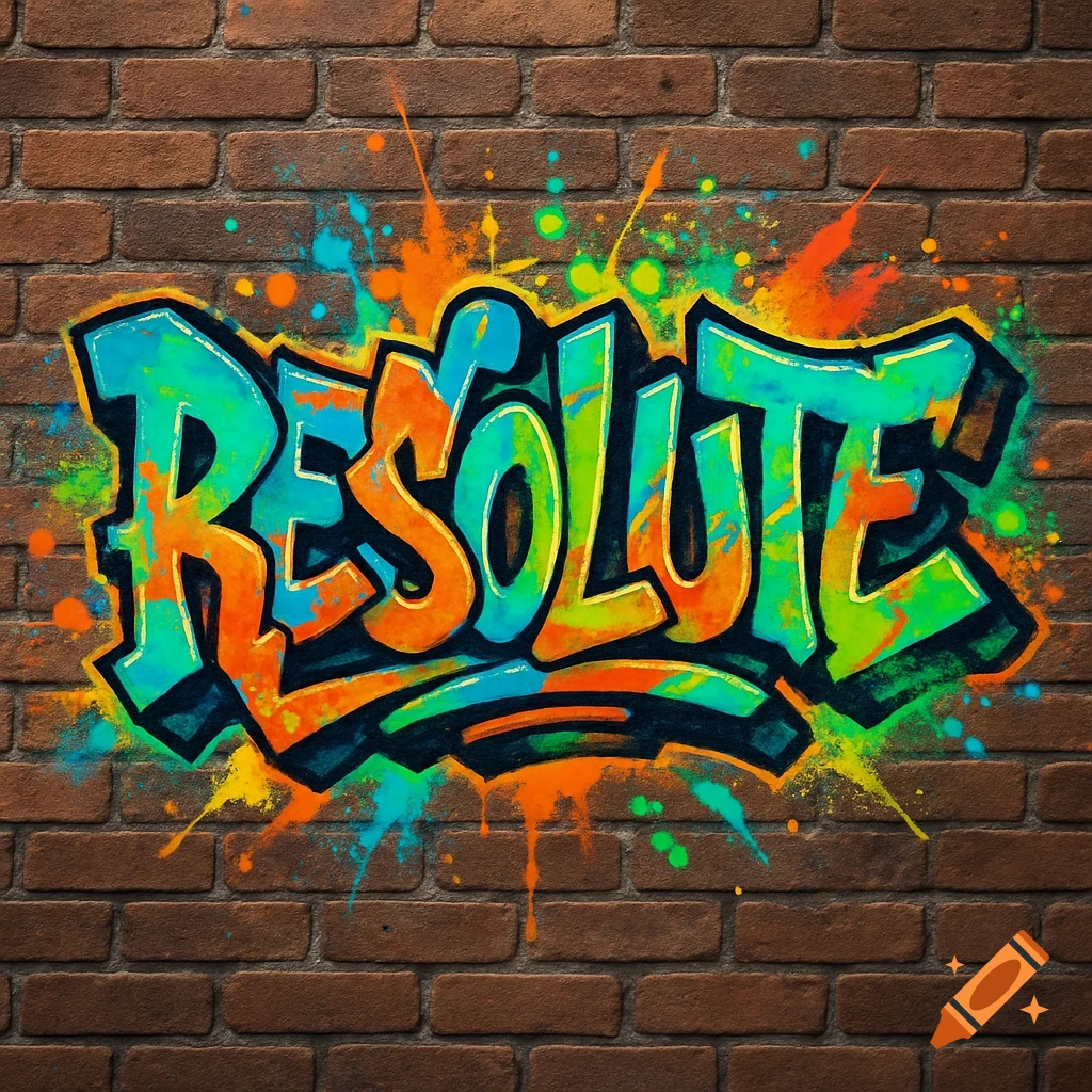 Colorful graffiti-style word RESOLUTE with paint splatters on a brick wall.