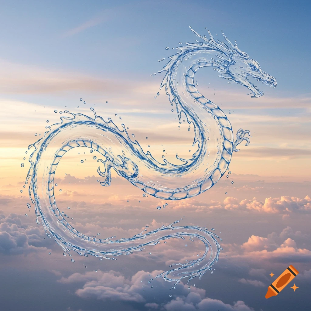 A majestic dragon made of splashing water floats gracefully across a vibrant sky filled with soft, colorful clouds.